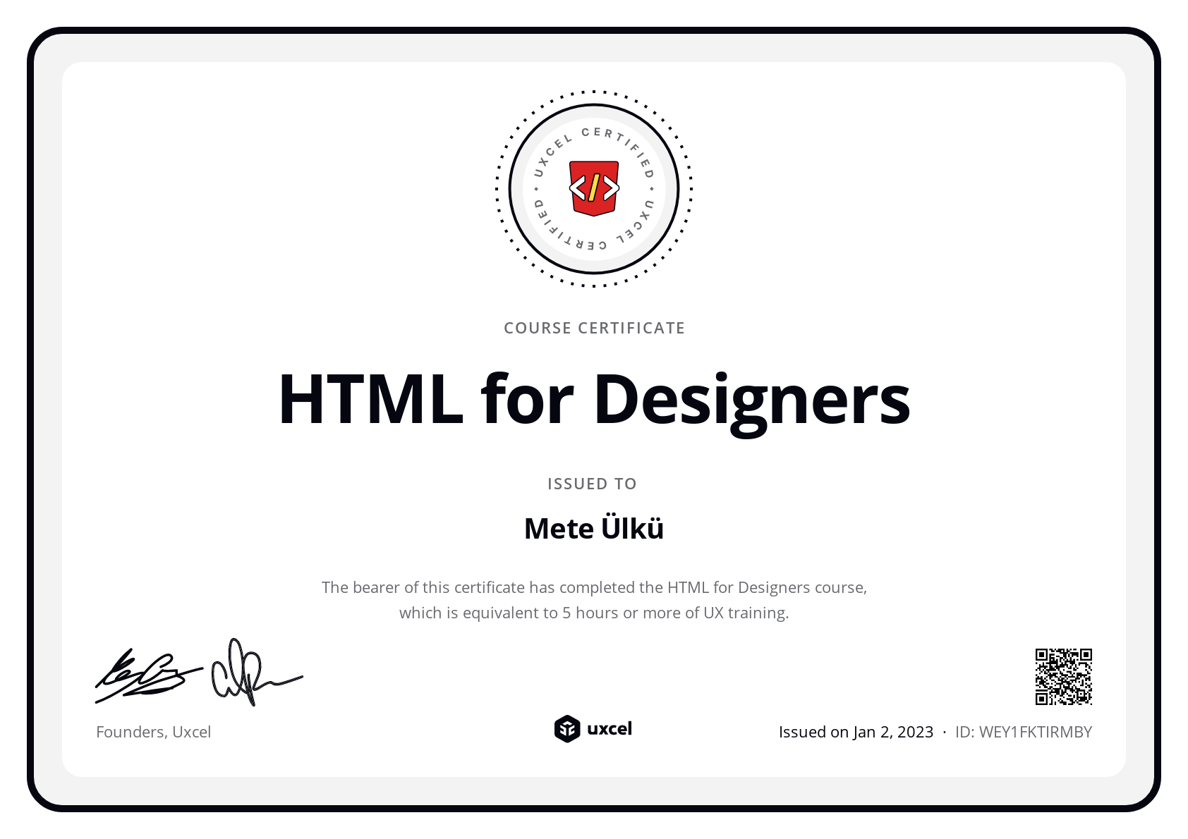 Mete Ülkü's certificate